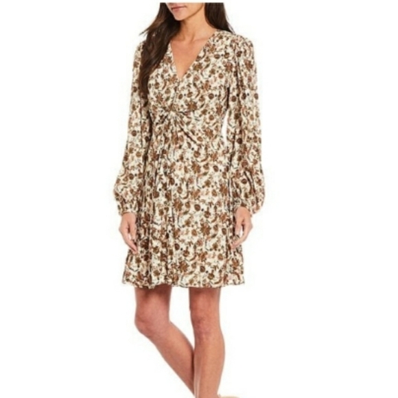 GIBSON Latimer Twist Front Long Sleeve Crepe Floral Dress - Picture 1 of 8